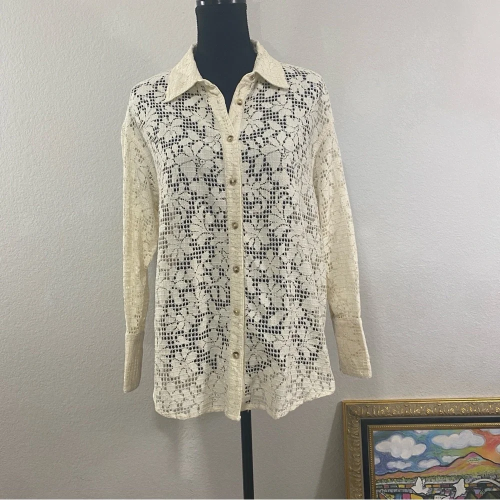 Free People Beige Lace Button-Down‎ Shirt